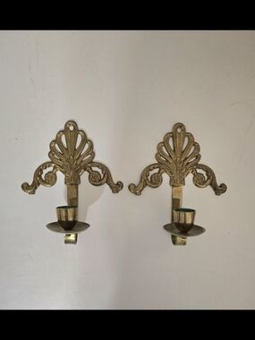 Pair Of Vintage Solid Brass Candlestick Holders Wall Sconces Natural Patina EUC.